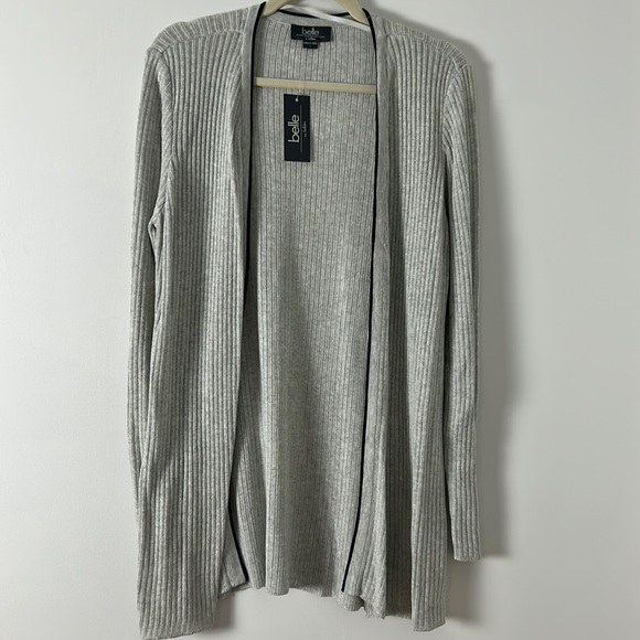 NWT Belle light grey ribbed cotton blend with black trim open cardigan size L - Picture 1 of 5
